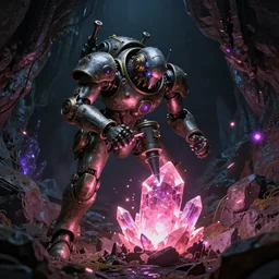 a steampunk mech - suit drilling into a mysterious glowing pink crystal with its drill arm, dark cave, pink sparks, purple sparks, studio ghibli, extremely detailed,