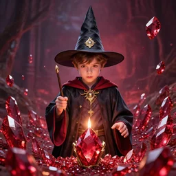 young 3 5 years old wizard surrounded by ruby shards, 8 k photography