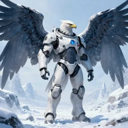 a majestic male human eagle hybrid, winged human, spacesuit, android, winter, snow and ice, pixiv, by Artgerm, sci-fi concept art