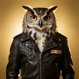 owl wearing biker gang jacket with label which says hoo - ligan, portrait photo, backlit, studio photo, golden ratio
