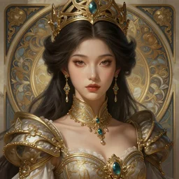 photo of a art, asian girl princess, deep focus, intricate, elegant, regal, highly detailed, digital painting, artstation, concept art, matte, sharp focus, illustration, d & d, fantasy, hearthstone, art by artgerm and greg rutkowski and alphonse mucha