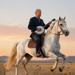 biden with a banjo riding a unicorn into the wild west sunset, cinema lighting