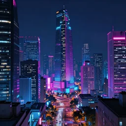 cyberpunk city landscape at night, neon lighting, vapourwave colours, 4 k
