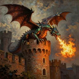 rococo oil painting, a european dragon is breathing fire upon a castle brick tower, high - readability, extremely detailed, sharp image