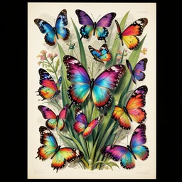 vintage botanical poster of!! bright colorful neon butterflies!!, extremely detailed, very intricate