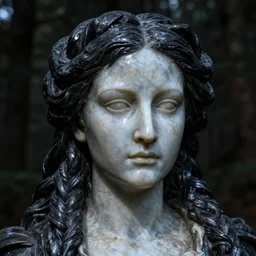 a marble statue masterpiece of evil face, with long, black, braided hair. nightime, low light, dark forest. strong, dabbled light falls on her face. closeup photography. macro detailed oily skin. highly detailed, sharpness. victorian dress. hyper realistic