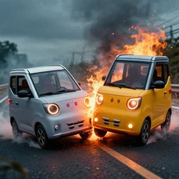 two gameboys in an epic crash on a highway, moody photo with fire, sharp focus, digital art, high detail, 8 k, unreal engine, cinema 4 d, film grain, octane render,