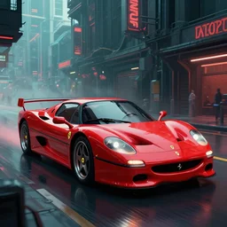a ferrari f50 in a cyberpunk street, art by H R Giger