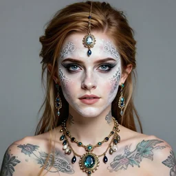 portrait of fairy, symmetric, facepaint facepaint facepaint, intricate jewelry, neck pendant, trending on artstation 4 k, high quality, in the style of karol bak and tom bagshaw, bust with face of emma watson, tattoos