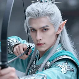 close - up portrait of a handsome male snow elf face in a turquoise cape and silver ornate armour as an archer, full face, albino skin, winter vibes, perfect face, elegant, very coherent symmetrical artwork, atmospheric lighting, rule of thirds, by wenjun lin, krenz cushart, charlie bowater, trending on artstation
