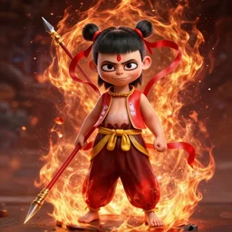 a masterpiece portrait of nezha, legendary, kid holding spear and feets on the fire halo, cinematic, red chinese armor, fantasy character portrait, hyper detailed, digital painting, 4 k realistic, trending on artstation, d & d, sharp focus, illustration, dynamic pose, by ne zha ( 2 0 1 9 ), fenghua zhong, new gods : nezha reborn ( 2 0 2 1 ), i am nezha ( 2 0 1 6 ), greg rutkowski, top lighting, dof