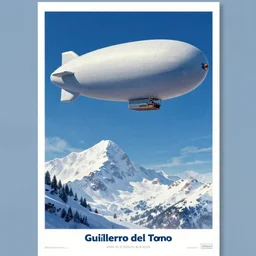 a blimp in the sky above a snowy mountain, poster art by guillermo del toro, artstation, panfuturism, reimagined by industrial light and magic, official art, poster art