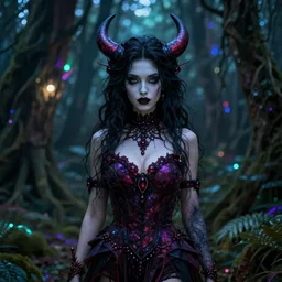 a portrait of a succubus in a bioluminescent ancient dark forest, greg rutkowski, 8 k, shallow depth of field, intricate detail, concept art,