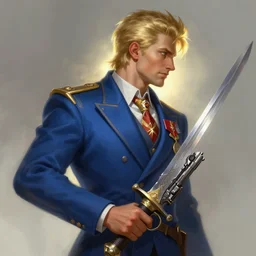 side portrait of a blonde man in a blue suit with medals holding a sword and a pistol, d & d, heartstone, digital painting, volumetric light, intricate, sharp, focus, bloom, illustration, highly detailed, concept art, matte, ruan jia, randy vargas, greg rutkowski