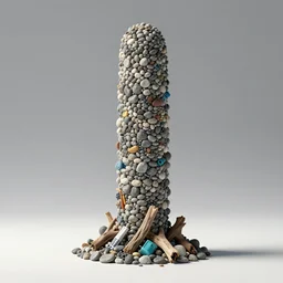 a lonely column made of river pebbles, plastic objects and driftwood by zaha hadid, parametric design, concept art, cinema 4 d, trending on artsstation