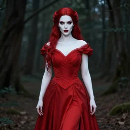 full portrait of an evil female pyromancer in the woods, elegant red dress, long skirt, detailed face, white skin, red hair, red lipstick, blue eyes, fire everywhere, high fantasy, dnd, highly detailed, manga illustration, by artgerm, greg rutkowski, alphonse mucha
