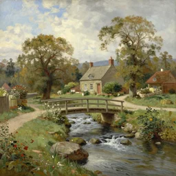 a beautiful landscape painting, under a small bridge near a cottage a stream flows, by william turner