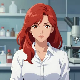 a beautiful comic book illustration of a red-headed woman with white shirt in a laboratory by Jerome Opeña, featured on artstation