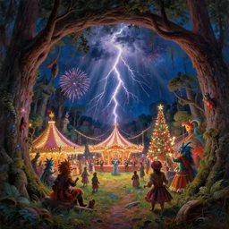 closeup of a night carnival inside a tree cavity in a magical forest in the middle of a summer storm, with a music scenario with many fireworks and christmas lights, volumetric lightning, instense god rays in the sky, folklore people disguised with fantastic creatures in a magical forest by summer night, masterpiece painted by thomas cole, very coherent and colorful high contrast masterpiece,