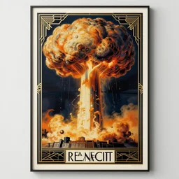 nuclear detonation, poster, art deco, ultra high resolution, ultra detailed, rene magritte