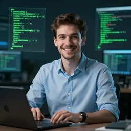 A smiling oracle database programmer staring into the camera with green SQL code floating by. (2022)