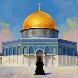 a beautiful illustration of dome of the rock jerusalem and a silhouette of a muslim is praying in front of it, impasto paint in the style of martin johnson heade and h. r. giger
