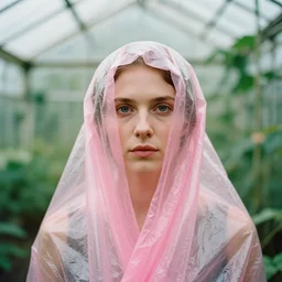 closeup portrait of a woman wrapped in pink cellophane, standing in an overgrown greenhouse, color photograph, by edward hopper, canon eos c 3 0 0, ƒ 1. 8, 3 5 mm, 8 k, medium - format print