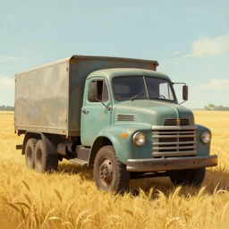 a matte painting of an old truck in a field of wheat by james gurney and moebius, trending on artstation