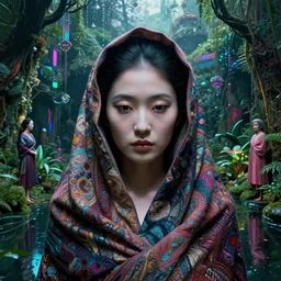 detailed face of a japanese woman clothed wrapped in textiles, lush, opulent, walled garden, utopian, tech noir, wet reflections, prism, atmospheric, ambient, pj crook, syd mead, livia prima, artgerm, greg rutkowski, nick alm, casey baugh