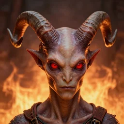 realistic alien with horns. red eyes, human eyes, background flames, by wayne barlowe