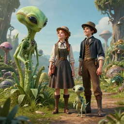detailed, sharp, a girl and a boy standing next to some alien plants, looking happy, wearing 1900s era clothes, their small pet alien creature is standing nearby, in a park on an alien planet, steampunk, extremely highly detailed, hyperrealistic, octane render, 8k, HD, good lighting
