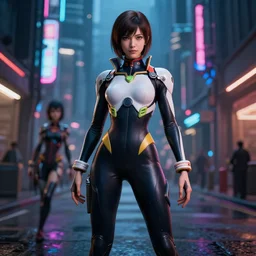 lain iwakura from serial experiments lain in full - body plugsuit inspired by ling xiaoiy from tekken and alita in cyberpunk neon city dark street wonderful masterpiece highly detailed scifi, beautiful cinematic light deep focus, elegant, digital painting, smooth, sharp focus, golden ratio, dramatic illumination, ultra realistic, 4 k, art by greg rutkowski wlop rossdraws detailed fingers