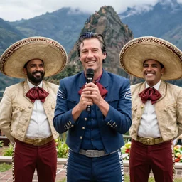 Coldplay in Peru wearing panchos and smiling, photorealistic, photography, 14 mp
