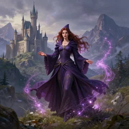 a photo of a fantasy female wizard surrounded by magical particles stands on a hill. in the background on another hill stands a castle with mountains in the background, filled with magic, highly detailed, digital painting, artstation, smooth, sharp focus, illustration, art by artgerm and greg rutkowski and alphonse mucha