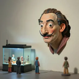 plasticine model of stop motion figures clay. minimal. tilt shift. fish tank in. gallery. visitors. salvador dali photorealistic. john craxton. small hole in wall