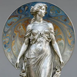 bald silver woman statue, paint swirling around, alphonse mucha, john howe