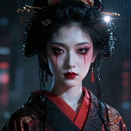 facial portrait of a asian poltergeist android with dark smeared makeup, wet curly hair, red tears, geisha, a dark cyberpunk background, lens flare, rain, deep focus, d & d, intricate, elegant, highly detailed, photo, artstation, blade runner, 8 k, sharp focus, octane, unreal engine 5, global illumination, radiant