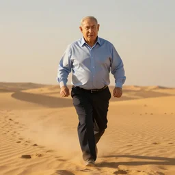 benjamin netanyahu running in the middle of the desert, highly realistic, golden lighting, 8 k, cinematic, detailed