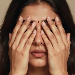 Stunning portrait of Beautiful Indian womans face with her hands covering her eyes. Soft render, Greg Rutkowski details, Tears pouring down from her eyes, music album cover, artstation, pixivi