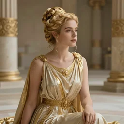 cinestill 5 0 d portrait of a beautiful dreamy woman by annie liebovitz, sitting in a hyper detailed ancient greek palace, pale gold tonal glossy, hair intricate style, wearing are intricate ancient roman dress, elegant, highly detailed, soft foggy blur, artstation, sharp focus, head in focus,
