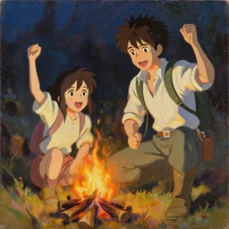 classical oil painting of anime concept art featuring an adventurer cheering up their friend by the campfire, fantasy, trending on artstation, stylistic, brush strokes, oil, canvas, beautiful portrait, by kawacy and makoto shinkai, anime portrait, official anime artwork