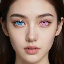 portrait of an attractive woman, with heterochromia of the eye, one blue eye and one pink eye | symmetrical face, exif, hyperrealism, digital | trending on artstation, featured on arstation, cgsociety | by wlop & artgerm