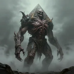tall huge creepy humanoid with a pyramid instead of a head. character concept art, extremely high details, fog, horror, artstation contest winner, digital art by zdzislaw beksinski, wayne barlowe, dariusz zawadzki. masterpiece