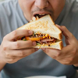 a person eating a sandwich made out of fire