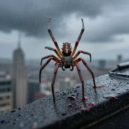 spiders in the blood on the roof of the skyscraper in the stormy day, ultra realistic, photo, swag
