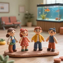 plasticine model of stop motion figures clay. tilt shift. bubbles fish tank in waiting room. photorealistic.