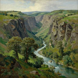 pastoral tribute to caspar david friedrich a wide expansive valley with verdant foliage, tall broad oaks, a beautiful pellucid river running betwixt gorgeous igneous rock driven up by glaciers oil on canvas rendering jonas de ro