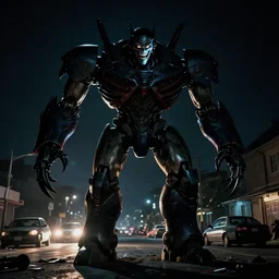 giant robot at night, claws, humanoid, face, horror movie, stark light, dramatic lighting, evil smile, street at night, cars in the background, trash on the ground, night sky, scary, evil
