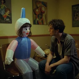 still from a 1992 arthouse film about a depressed woman dressed as an inflatable puppet who meets a handsome younger man in a seedy motel room, color film, 16mm soft light, weird art on the wall