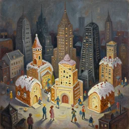cosy, gloomy iron by moshe safdie, by heather theurer. a painting of a city made entirely out of kulich, a traditional russian easter bread. the city is bustling with activity. the painting is playful & whimsical, with a touch of magic.